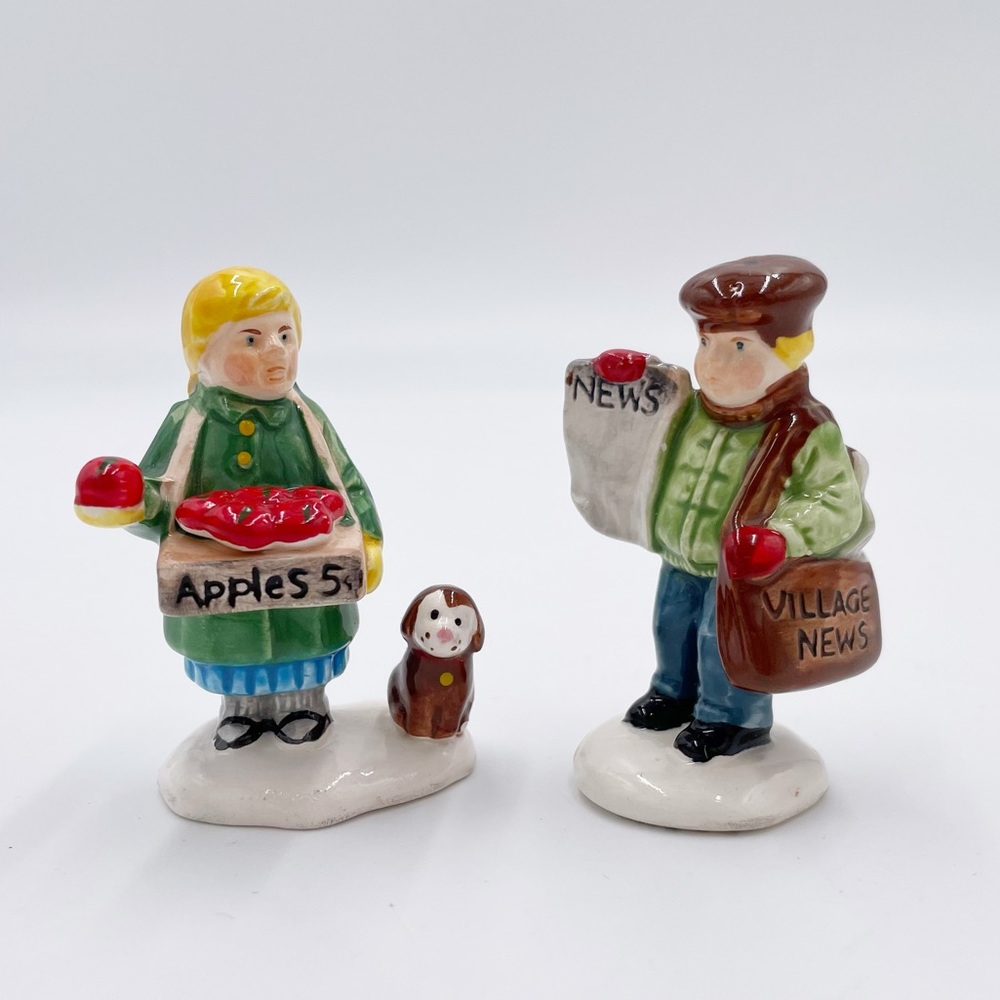 Vintage 1988 Department 56 Snow Village Girl Selling Apples News Boy Ceramic Set